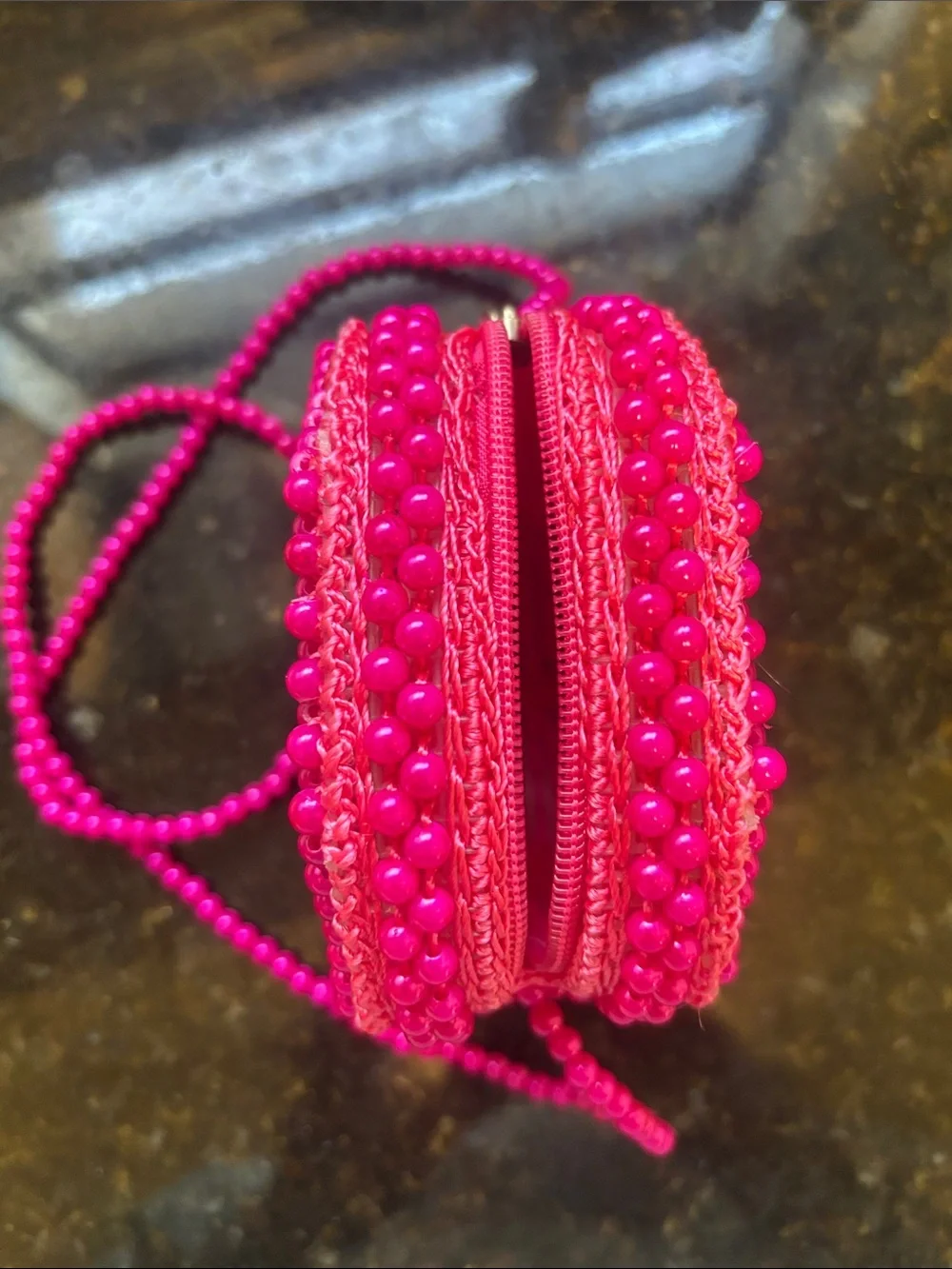 Hand Crafted Hot Pink Beaded Kids Crossbody with Blue Cat Motif